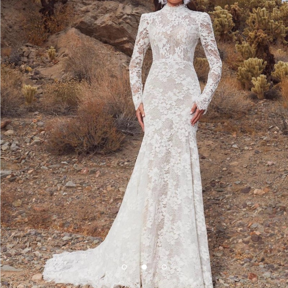 Ivory Lace Mock Neck Wedding Dress + Overskirt